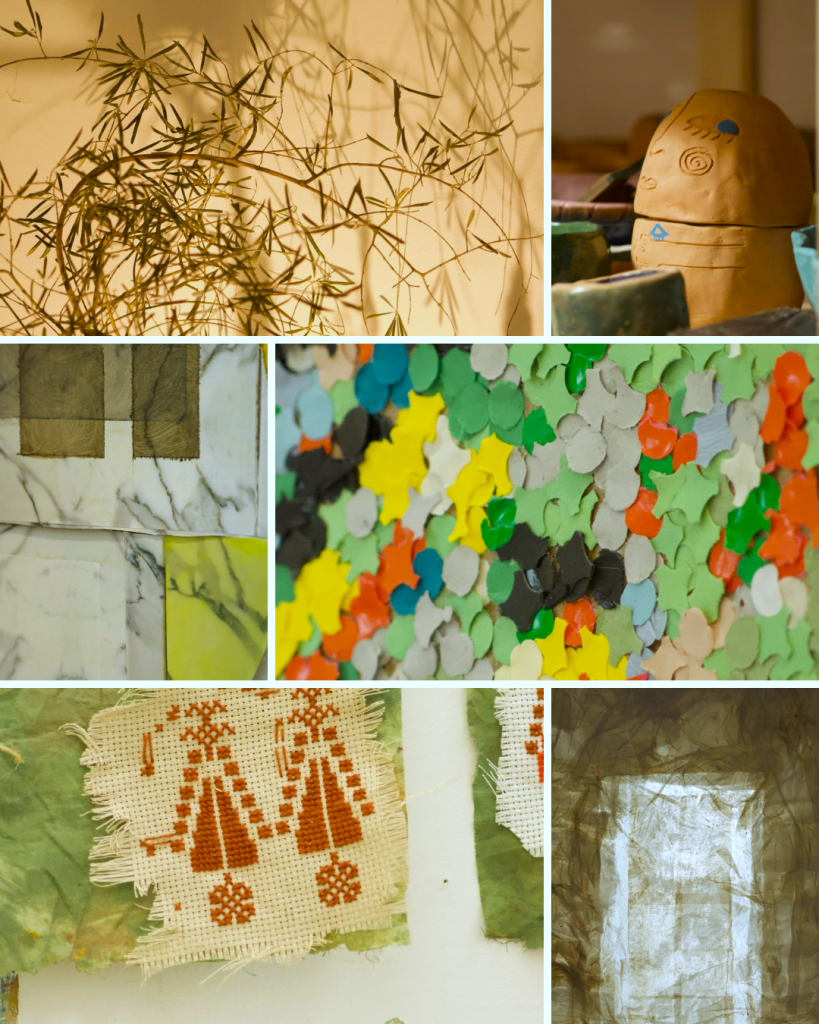 The image shows a collage of pictures with a series of artwork details: embroidery, paintings, installations, ceramics.