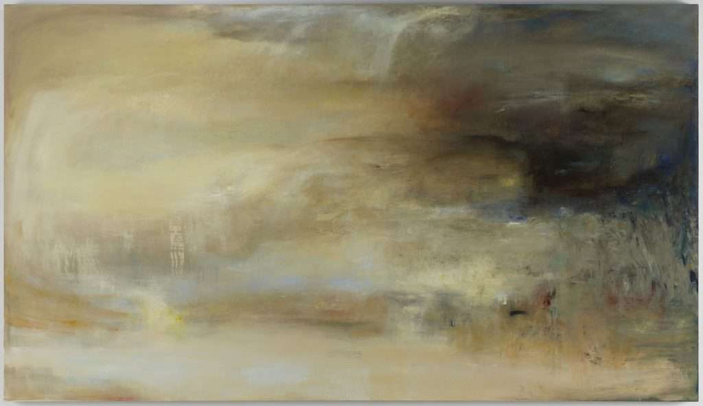 A painting by artist Helen O' Toole, abstract, with sandy, yellow, blue and black colours.