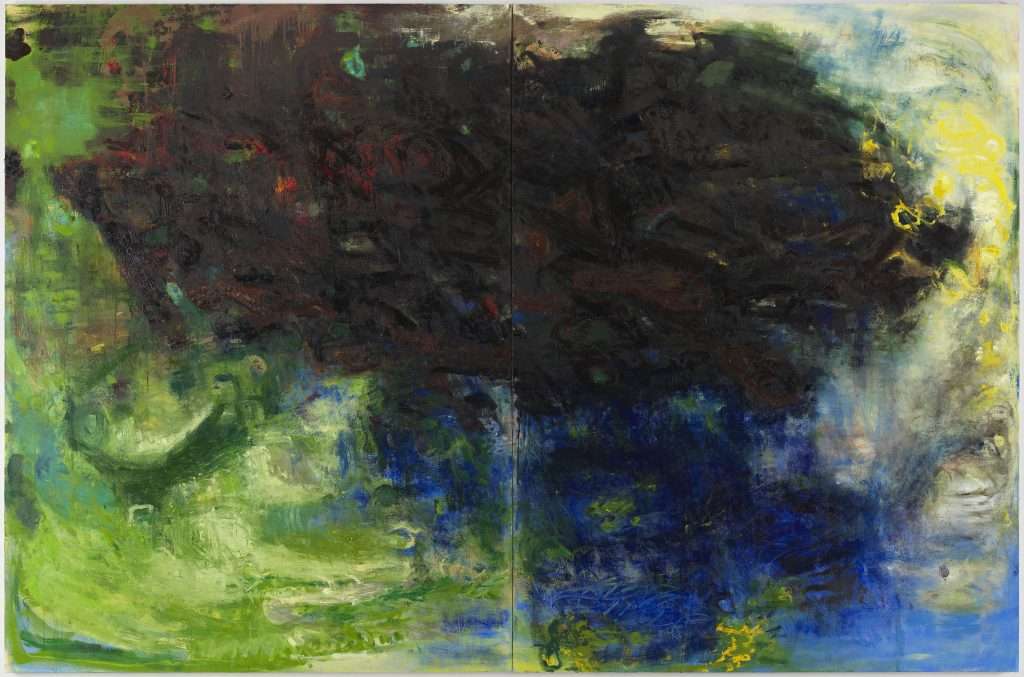 A painting by artist Helen O' Toole: abstract, black and green and blue.