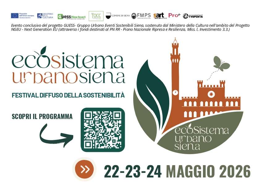 Poster of the EcoSistema Urbano event. It incudes the logos of the various institutions and organizations, dates, event logo, QR code.